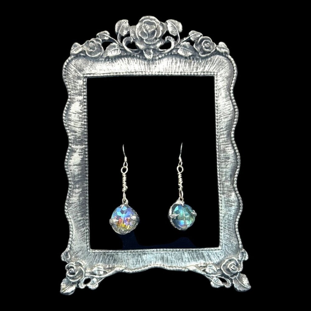 Artisan Aurora Borealis Crystal Dangle Earrings 925 Hooks & Silver/Tin Metalwork - Picture 13 of 17